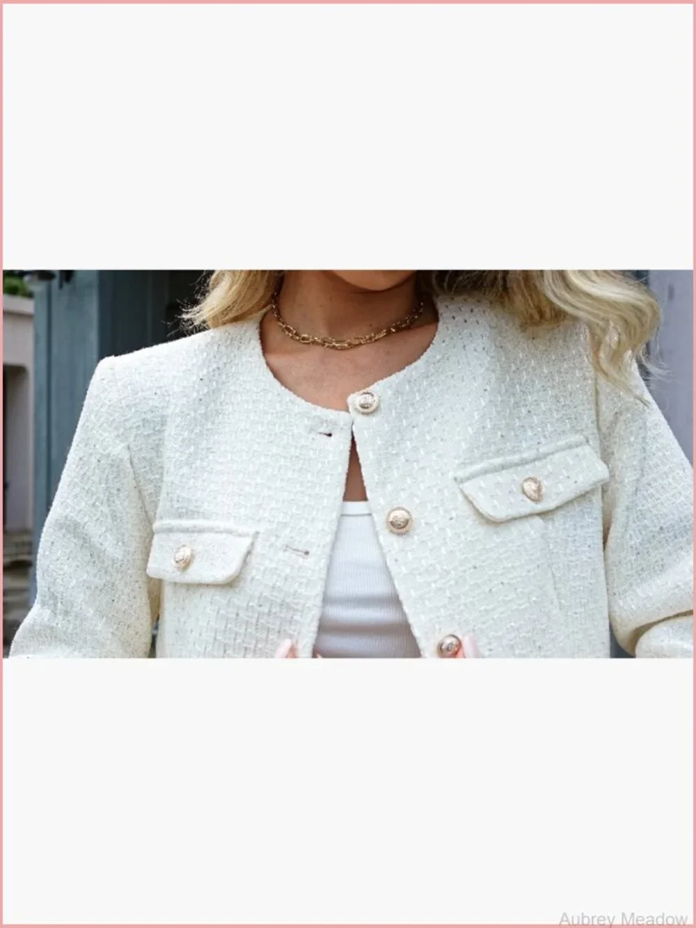 Cropped Tweed Blazer Collarless Button Down Jacket with Pockets